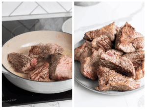 Step 1 shows chunks of beef being browned in a braising pan. Step 2 shows the beef removed from the pan.